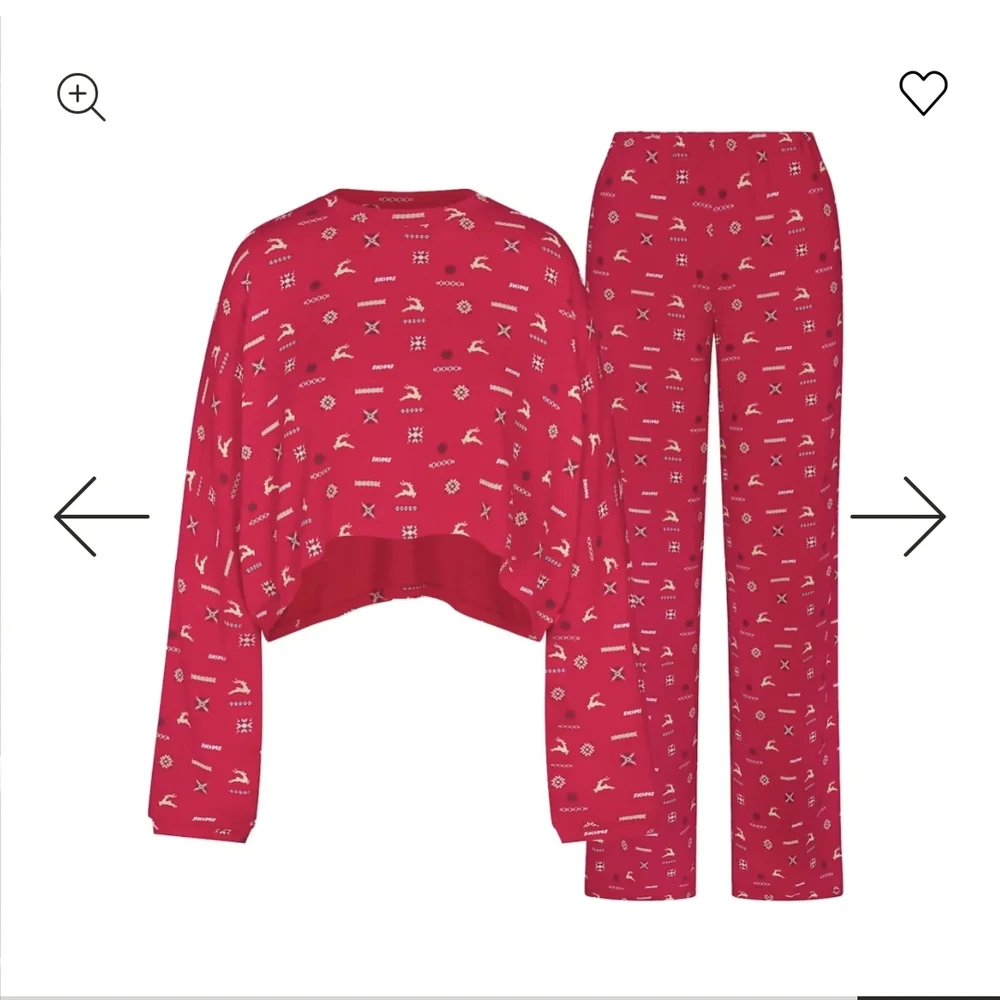 SKIMS Cropped Long Sleeved Holiday Cranberry Pajama Set - Picture 6 of 11